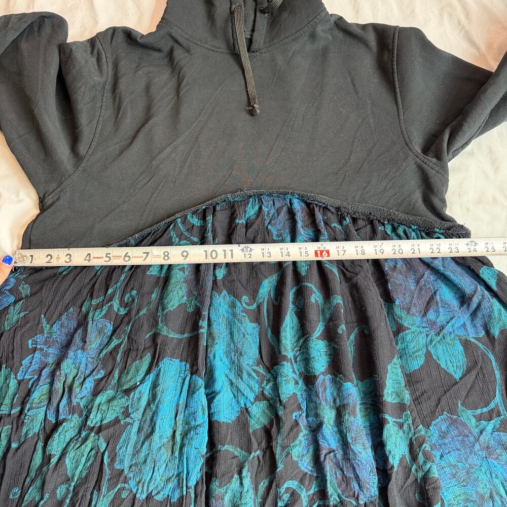 Hooded Floral Midi Dress Women's Est. Med Black Blue Hooded Boho Long Sleeve - Picture 8 of 9